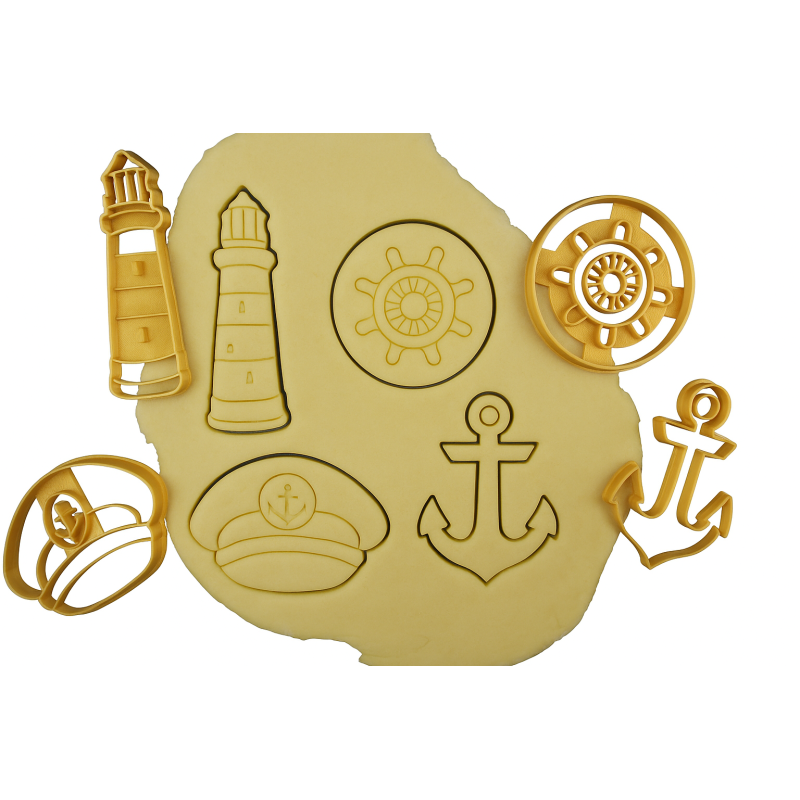 Thème Marin - Phare, Ancre, Gouvernail, Casquette de capitaine - 4 emporte-pièces à l'unité ou en lot Thème Marin - Phare, Ancre, Gouvernail, Casquette de capitaine - 4 emporte-pièces à l'unité ou en lot